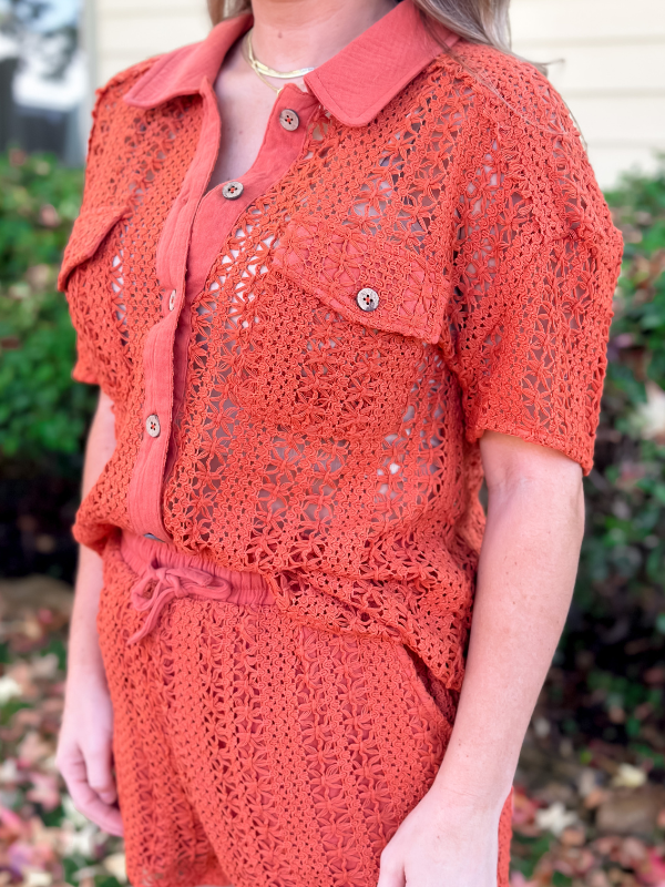Sheer Crochet Short Sleeve Shirt & Shorts
