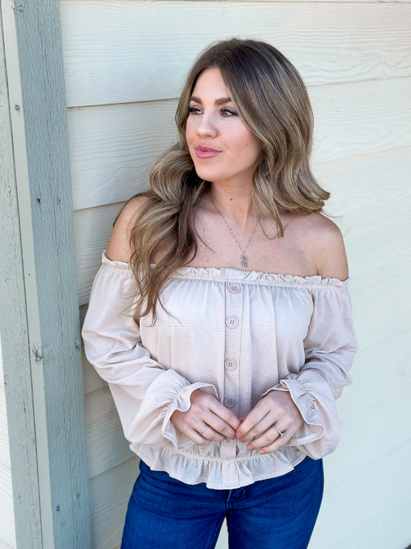 Off The Shoulder Taupe Ruffle Cuffed Top