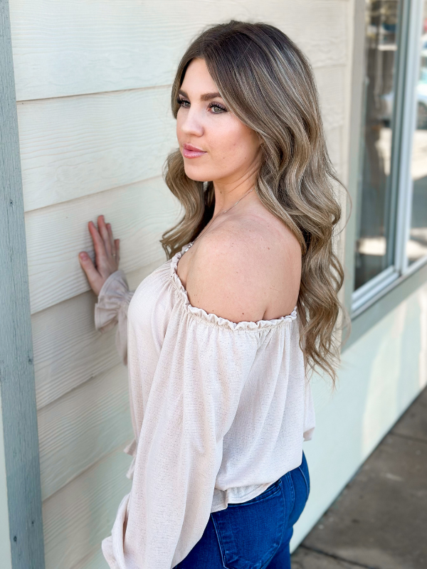 Off The Shoulder Taupe Ruffle Cuffed Top