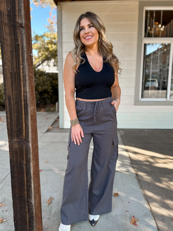 Charcoal Linen Cargo Pants