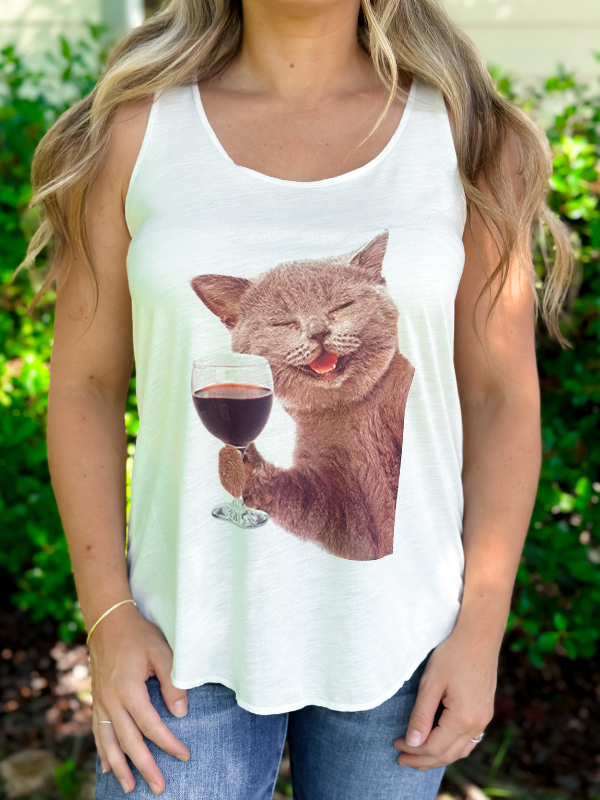 Pistol Rose Cat With Wine Glass Tank Top