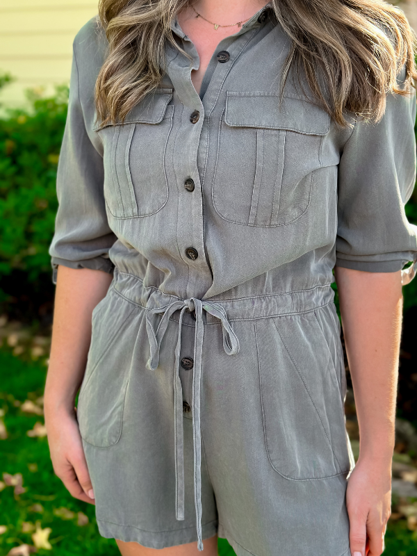 Button Up Washed Woven Romper