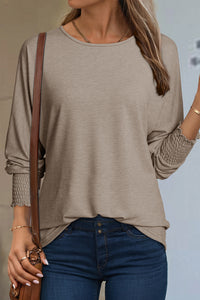 Simply Taupe Shirred Cuffs Solid Long Sleeve T Shirt