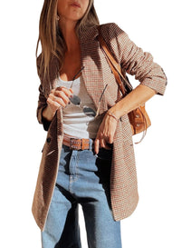 Brown Houndstooth Lapel Collar Blazer