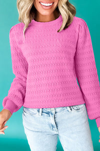 Bright Pink Trendy Pattern Knit Ribbed Cuffs Crew Neck Sweater