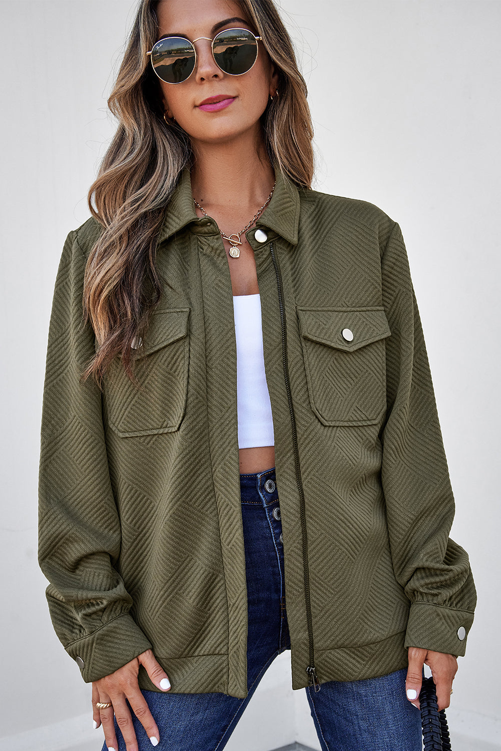 Blackish Green Solid Color Zip Up Button Flap Pocket Shirt Collar Jackets