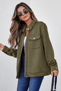Blackish Green Solid Color Zip Up Button Flap Pocket Shirt Collar Jackets