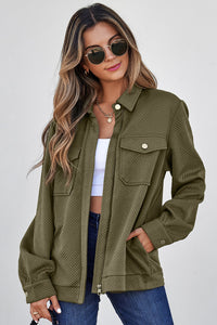 Blackish Green Solid Color Zip Up Button Flap Pocket Shirt Collar Jackets