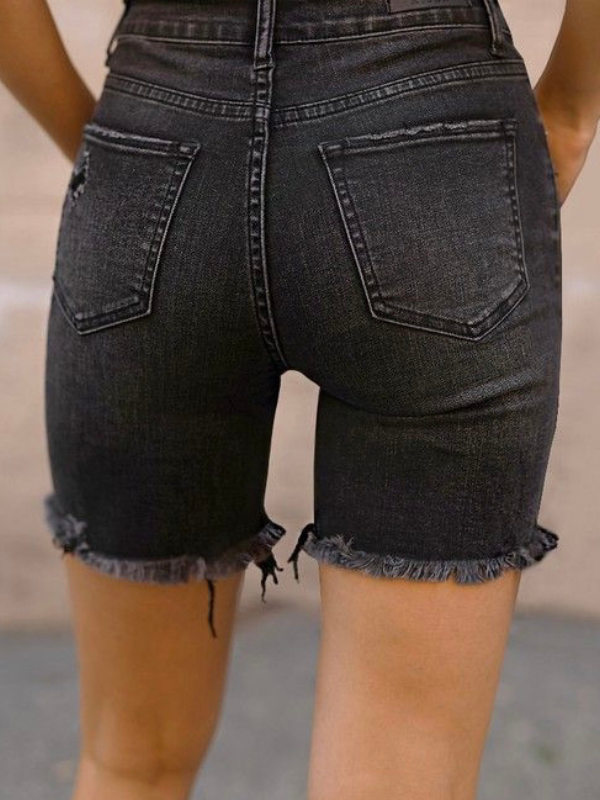 Risen High-Waisted Washed Black Distressed Shorts