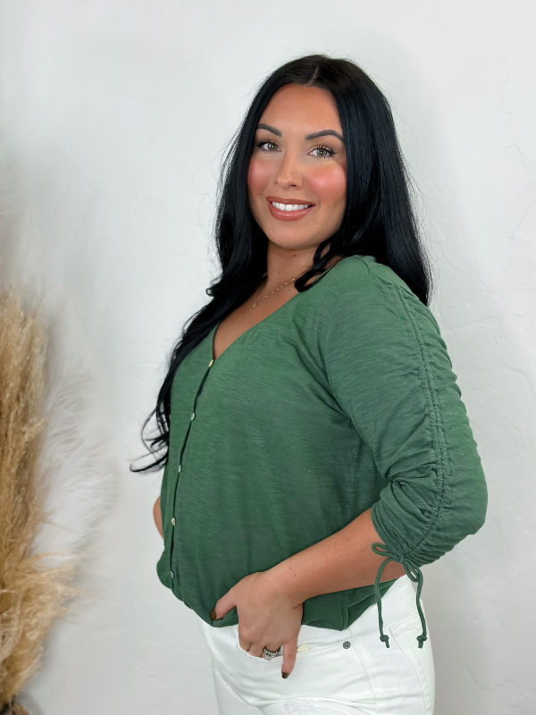 Lucky Olive Ruched Sleeve Top
