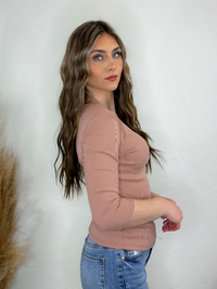 V-Neck Ribbed 3/4 Sleeve Knit Top