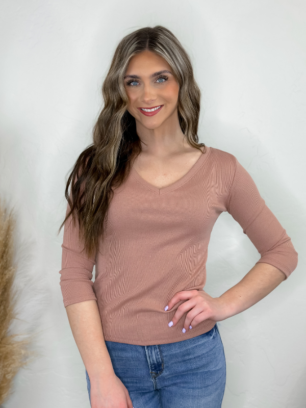 V-Neck Ribbed 3/4 Sleeve Knit Top