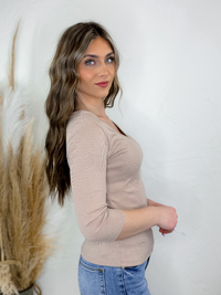V-Neck Ribbed 3/4 Sleeve Knit Top