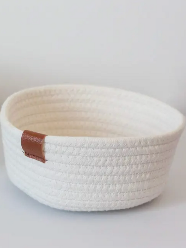 White Woven Cotton Rope Round Basket With Leather Accent